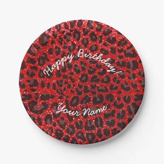 Happy Birthday Neon Red Glitzer Leopard Pappteller (Vorderseite)