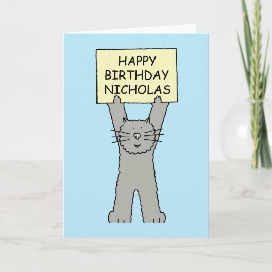 Happy Birthday Nicholas Cartoon Cat Karte (Vorderseite)