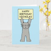 Happy Birthday Nicholas Cartoon Cat Karte (Gelbe Blume)