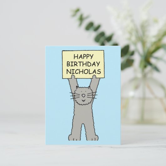 Happy Birthday Nicholas Cartoon Cat Postkarte (Stehend Vorderseite)