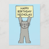 Happy Birthday Nicholas Cartoon Cat Postkarte (Vorderseite)