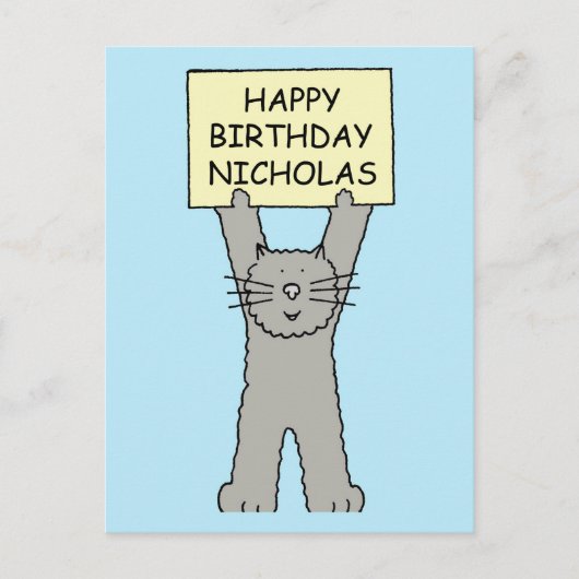 Happy Birthday Nicholas Cartoon Cat Postkarte (Vorderseite)