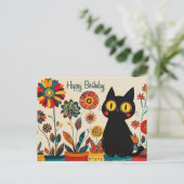 Happy Birthday Niedlich Black Cat mit Blume Postkarte (Stehend Vorderseite)
