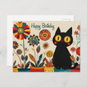 Happy Birthday Niedlich Black Cat mit Blume Postkarte (Vorne/Hinten)