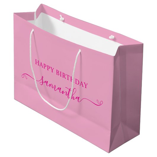 Happy Birthday Niedlich Bow Signature Name Pink Große Geschenktüte (Vorderseite Schrägansicht)
