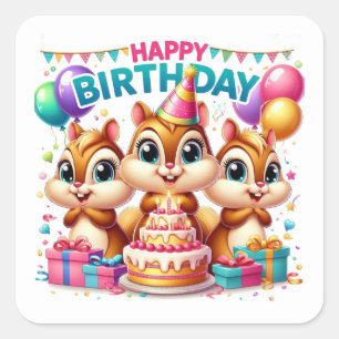 Happy Birthday Niedlich Chipmunks feiern Quadratischer Aufkleber