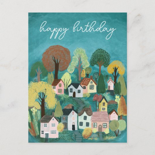 HAPPY BIRTHDAY Niedlich Country Village Illustrati Postkarte (Vorderseite)