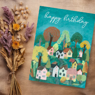 HAPPY BIRTHDAY Niedlich Country Village Illustrati Postkarte