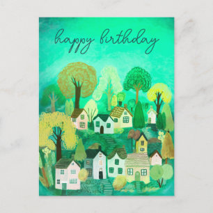 HAPPY BIRTHDAY Niedlich Country Village Illustrati Postkarte