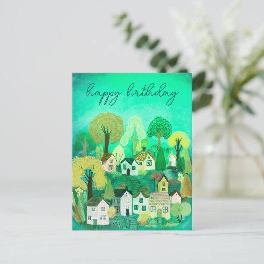 HAPPY BIRTHDAY Niedlich Country Village Illustrati Postkarte (Stehend Vorderseite)