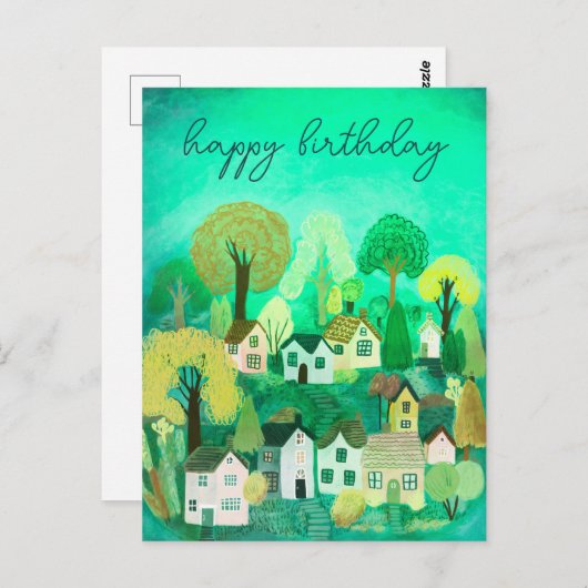 HAPPY BIRTHDAY Niedlich Country Village Illustrati Postkarte (Vorne/Hinten)