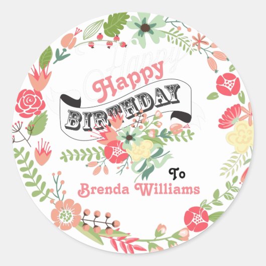 Happy Birthday Niedlich Floral Wreath Runder Aufkleber (Vorderseite)