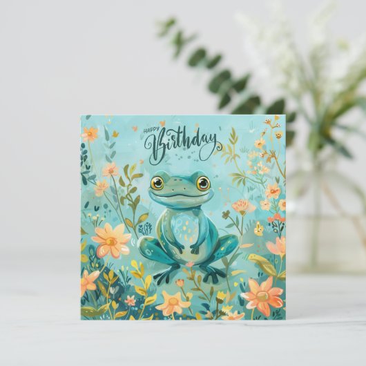Happy Birthday Niedlich Frog mit Blume Karte (Stehend Vorderseite)