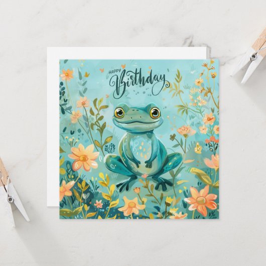 Happy Birthday Niedlich Frog mit Blume Karte (Vorderseite/Rückseite Beispiel)
