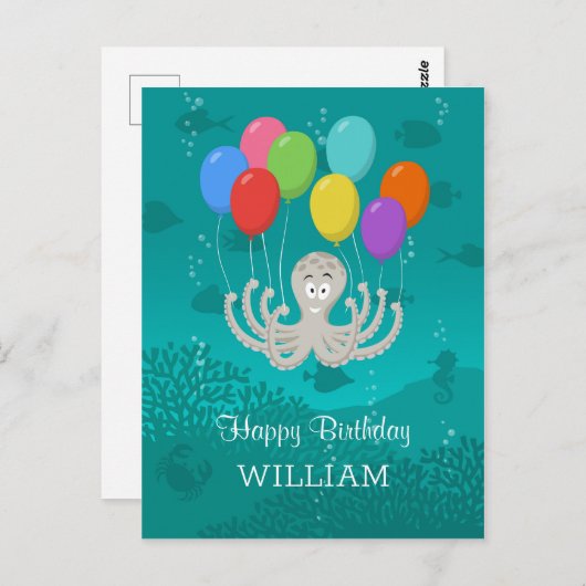 Happy Birthday Niedlich Funny Octopus Cartoon Ball Postkarte (Vorne/Hinten)