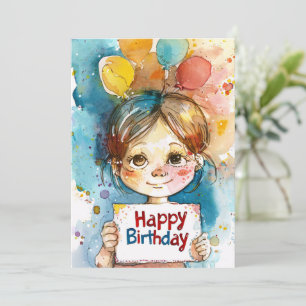 Happy Birthday Niedlich Girl with Balloons Feiertagskarte