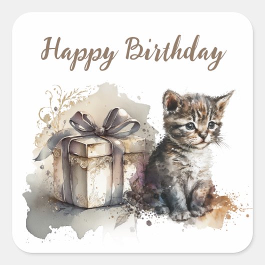 Happy Birthday | Niedlich Grau Kitten und Geschenk Quadratischer Aufkleber (Vorderseite)