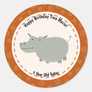 Happy Birthday Niedlich Hippopotamus Zoo Tiere Runder Aufkleber