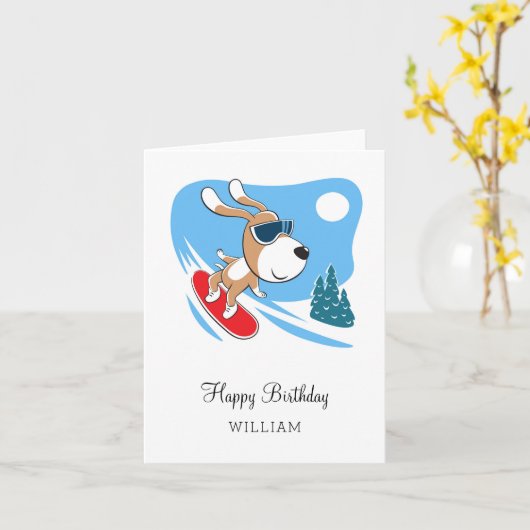 Happy Birthday Niedlich Hund Welpe Snowboard Winte Karte (Gelbe Blume)