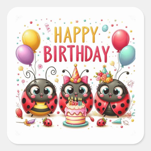 Happy Birthday Niedlich Ladybugs feiern Quadratischer Aufkleber (Vorderseite)