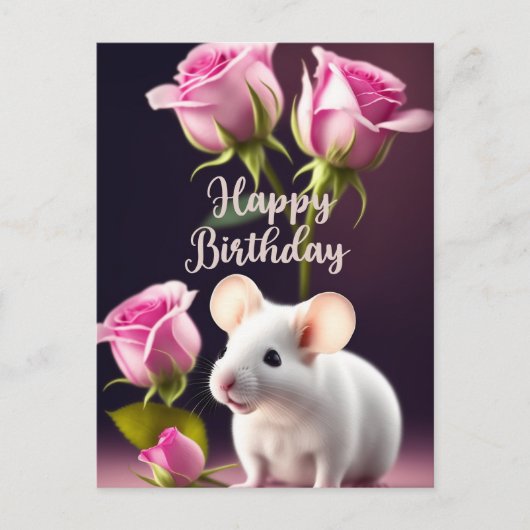 Happy Birthday Niedlich Mouse mit rosa Rosen Postkarte (Vorderseite)