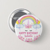 Happy Birthday Niedlich Pink Unicorn Regenbogen Fl Button (Vorne & Hinten)