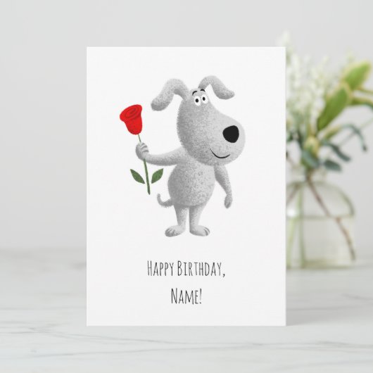 Happy Birthday Niedlich Puppy Dog Rote Rose Card (Stehend Vorderseite)