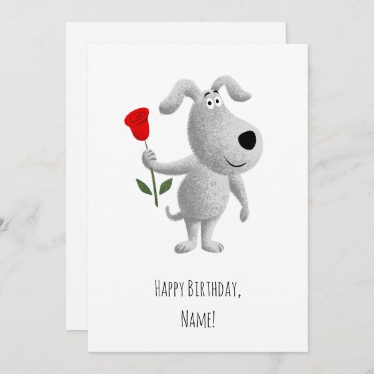 Happy Birthday Niedlich Puppy Dog Rote Rose Card (Vorne/Hinten)