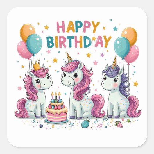 Happy Birthday Niedlich Unicorns feiern Quadratischer Aufkleber (Vorderseite)