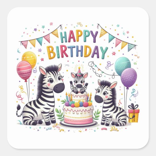 Happy Birthday Niedlich Zebras Celebrating Quadratischer Aufkleber (Vorderseite)
