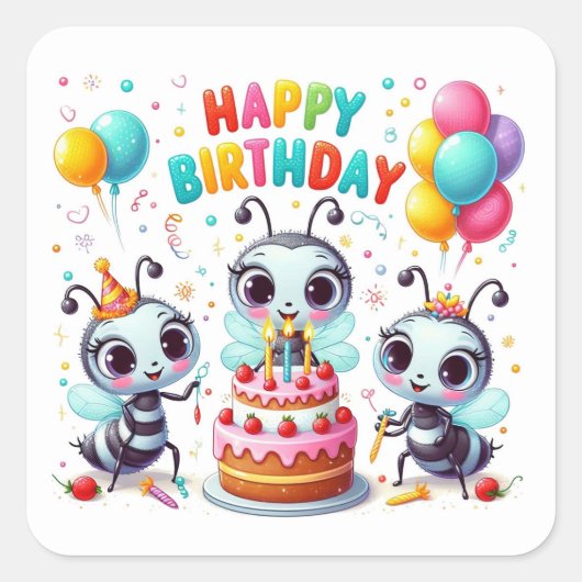 Happy Birthday Niedliche Bienen feiern Quadratischer Aufkleber (Vorderseite)