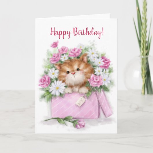 Happy Birthday, niedliche Katze in Blume Box Karte (Vorderseite)