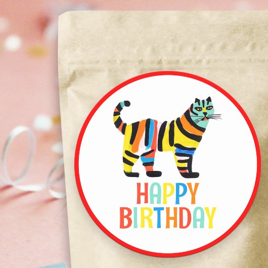 Happy Birthday Niedliche Tigerkatze Runder Aufkleber