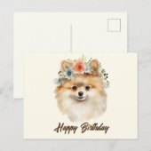 Happy Birthday Niedlichen Spitz Hund mit Blume Postkarte (Vorne/Hinten)