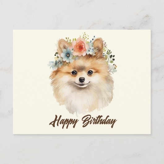 Happy Birthday Niedlichen Spitz Hund mit Blume Postkarte (Vorderseite)