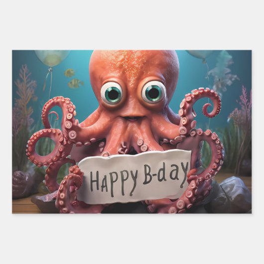 Happy Birthday Octopus Geschenkpapier Set (Vorderseite 3)