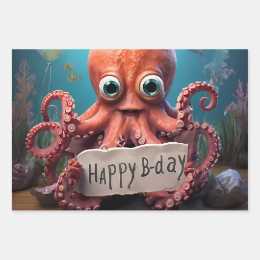 Happy Birthday Octopus Geschenkpapier Set (Vorderseite)