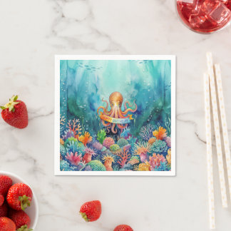 Happy Birthday Octopus Ocean Sea Life Water Fish Serviette