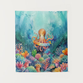 Happy Birthday Octopus Ocean Sea Life Water Fish Wandteppich