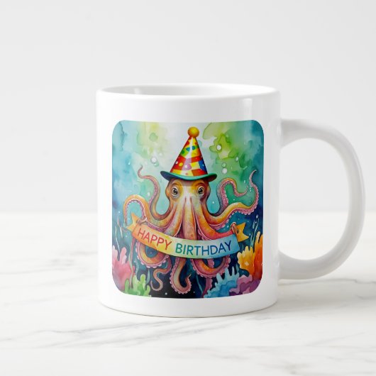 Happy Birthday Octopus Party Hat Watercolor Design Jumbo-Tasse (Rechts)