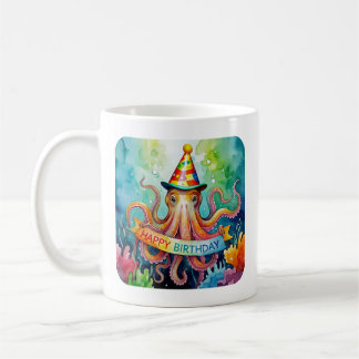Happy Birthday Octopus Party Hat Watercolor Design Kaffeetasse