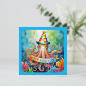 Happy Birthday Octopus Party Hat Watercolor Design Karte (Stehend Vorderseite)