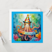 Happy Birthday Octopus Party Hat Watercolor Design Karte (Vorderseite/Rückseite Beispiel)