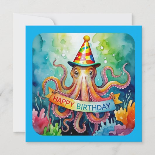 Happy Birthday Octopus Party Hat Watercolor Design Karte (Vorderseite)