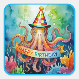 Happy Birthday Octopus Party Hat Watercolor Design Quadratischer Aufkleber