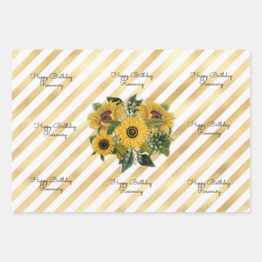 Happy Birthday oder Retirement Sonnenblume Name 3 Geschenkpapier Set (Vorderseite 3)