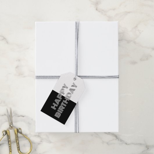 Happy Birthday Op Art Minimal Schwarz-weiß Geschenkanhänger (Mit Garn)