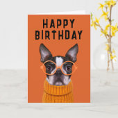 Happy Birthday | Orange Boston Terrier Karte (Gelbe Blume)