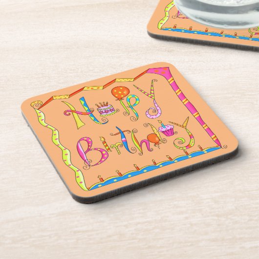 Happy Birthday Orange Cork Untersetzer Set (Linke Seite)