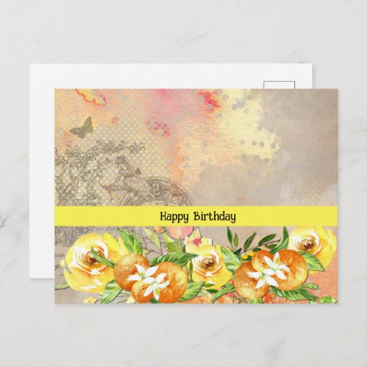 Happy Birthday Orange und Rose Postkarte (Vorne/Hinten)